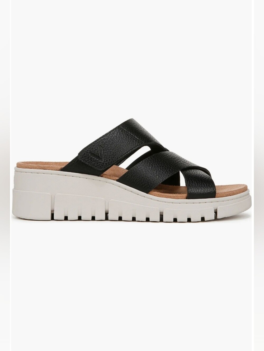 Vionic Uptown Sunset Black Leather Double-Strap Slide with White Lug Sole